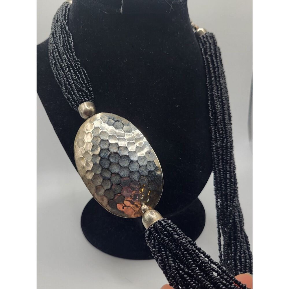 Vintage modernist black multi strand necklace w/ hammered Bead 26in